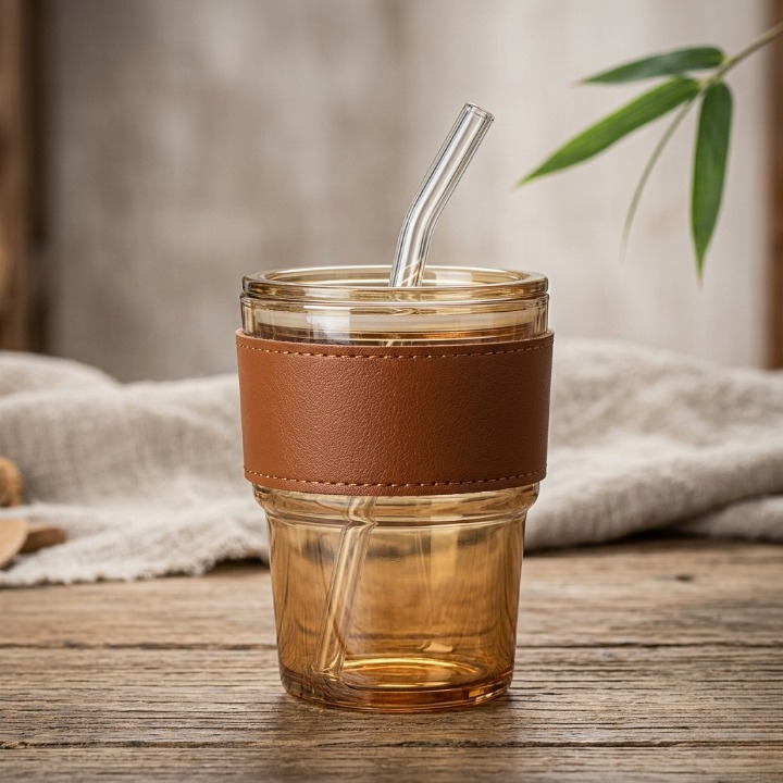 Amber Glass Coffee Tumbler – 400ml Travel Mug